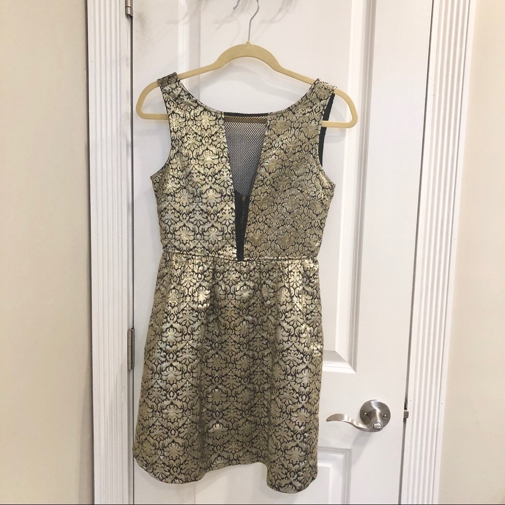 Gold embroidered dress w/ see-through vneck